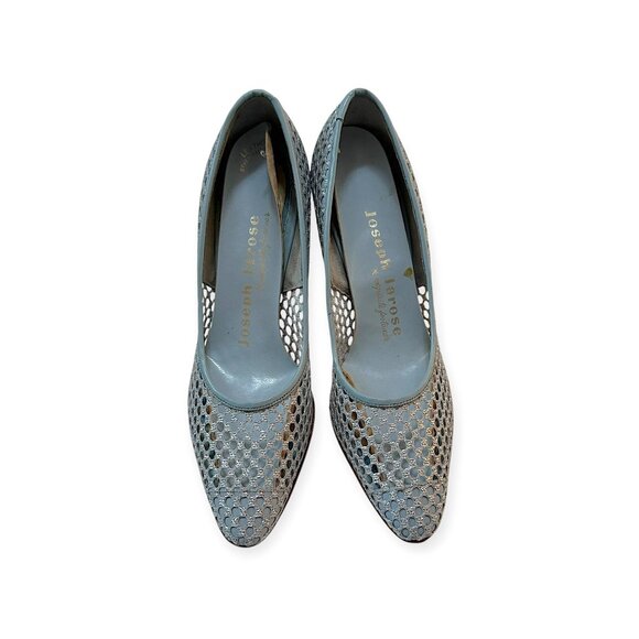 1960s Vintage Deadstock Joseph LaRose Mesh Kitten Heels  7 AA Blue Silver, USA - Picture 2 of 11